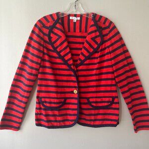 CAbi Sz M Striped Blazer Yacht Club Red Blue Gold Buttons Sweater V Neck Jacket‎